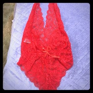 Red lace bodysuit and black lace bandeau. Small
